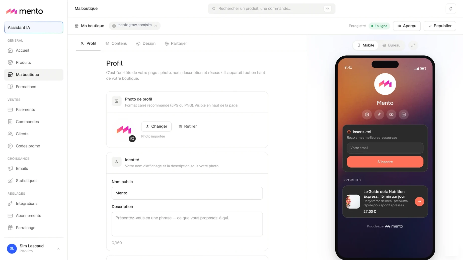 L’éditeur de boutique, avec l’aperçu du rendu mobile mis à jour en direct.