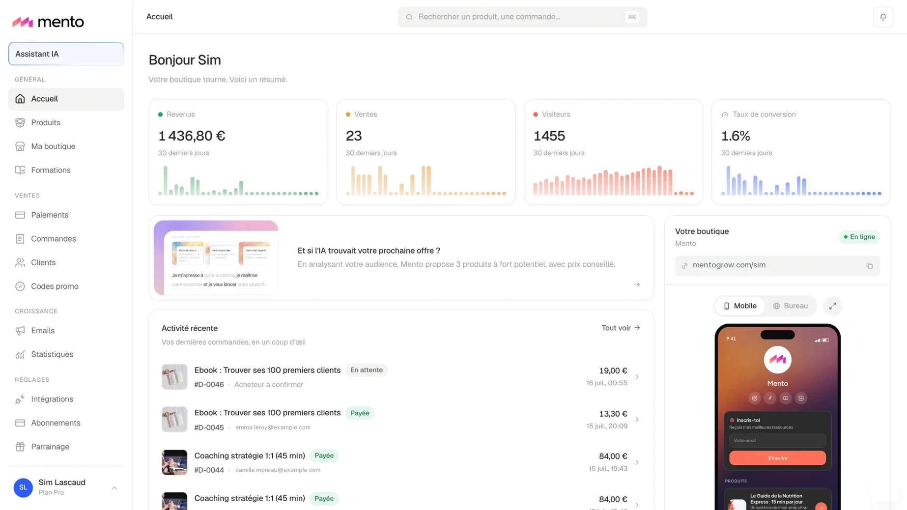 Le tableau de bord : revenus, ventes, visiteurs, taux de conversion et dernières commandes.